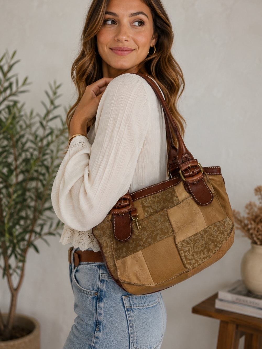 Fossil Patchwork Leather Floral Jacquard Shoulder Tote Handbag Bag Vintage